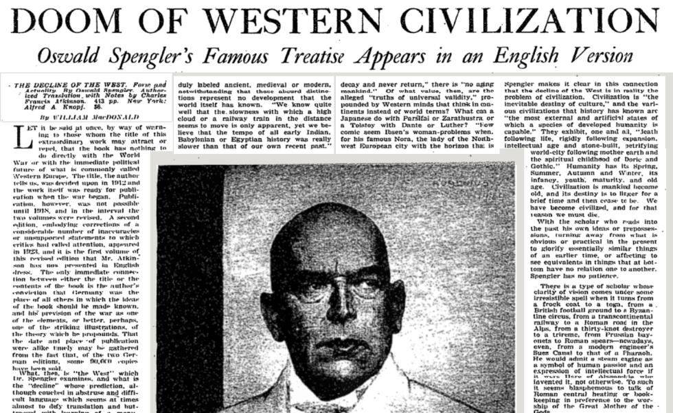 Knjiga Oswalda Spenglerja »The Decline of the West« (zaton Zahoda) je bila predstavljena v New York Times Book Review, 1929 (Vir: New York Times Machine/Posnetek zaslona)